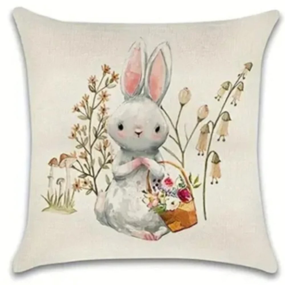 NEW LINEN BLEND EASTER/NURSERY BUNNY RABBITS HOME DECOR PILLOW COVER 17.7"